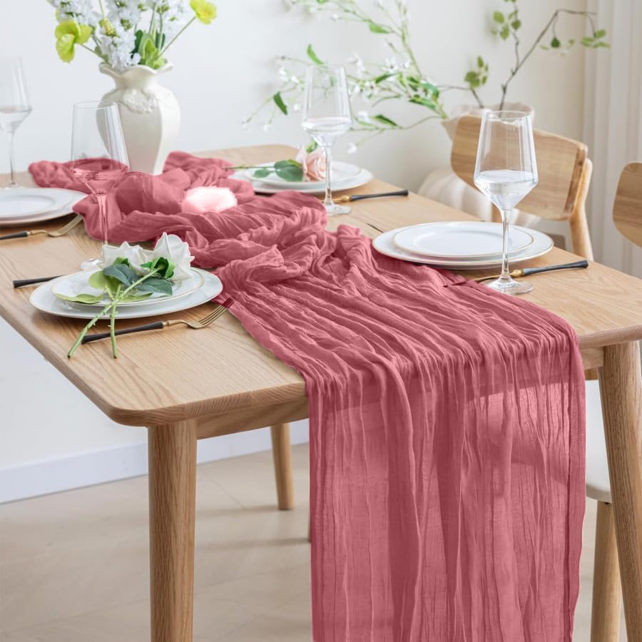 12 Pack Dusty Rose 10 Ft Cheesecloth Table Runner 20x120 Inch Boho Wrinkled Sheer Romantic Gauze Decor for Wedding, Bridal Shower, Birthday Party