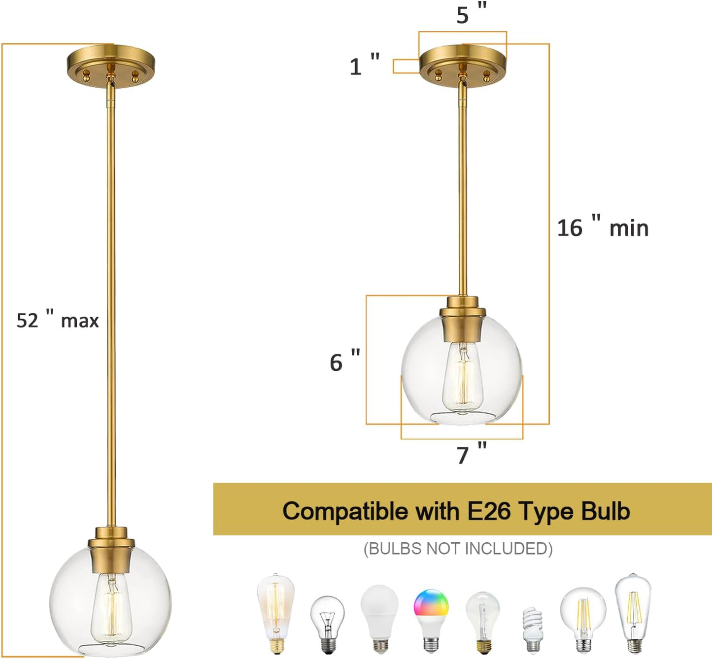 Pendant Lights Kitchen Island, Modern Gold Pendant Light with Clear Glass, 7 Inch Farmhouse Hanging Light Fixtures for Dining Room Entryway, Bedroom, Hallway, Farmhouse- 3 Pack