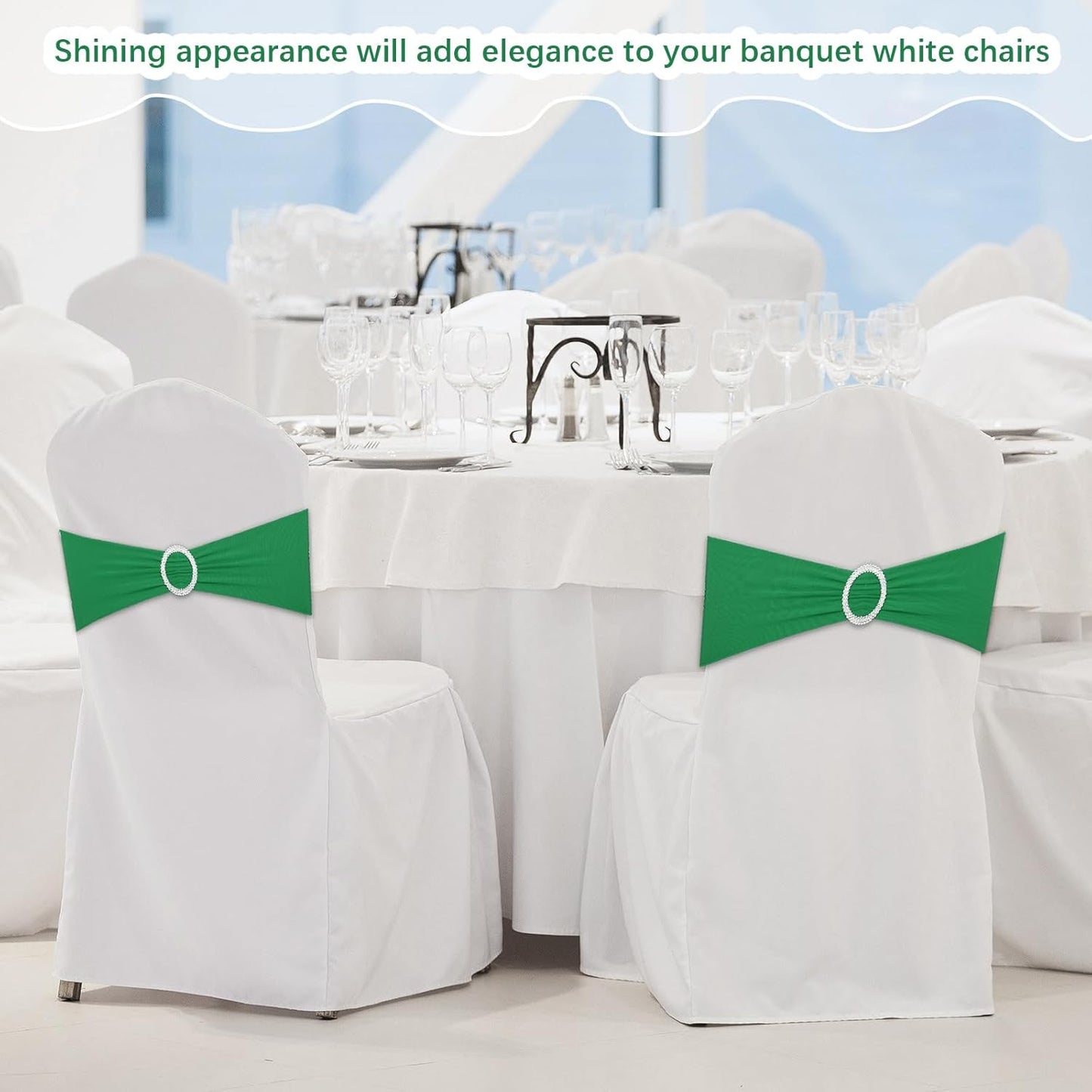 CHENGU 150 Pieces Spandex Stretch Chair Sashes Bows Elastic Chair Cover Bands Ties with Buckle Slider for Wedding Party Reception Events Universal Ceremony Banquet Decorations (Green)