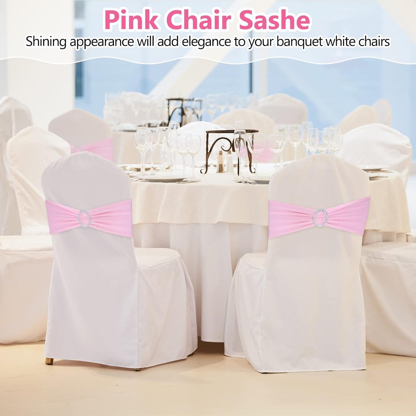 CHENGU 150 Pieces Spandex Stretch Chair Sashes Bows Elastic Chair Cover Bands Ties with Buckle Slider for Wedding Party Reception Events Universal Ceremony Banquet Decorations (Pink)