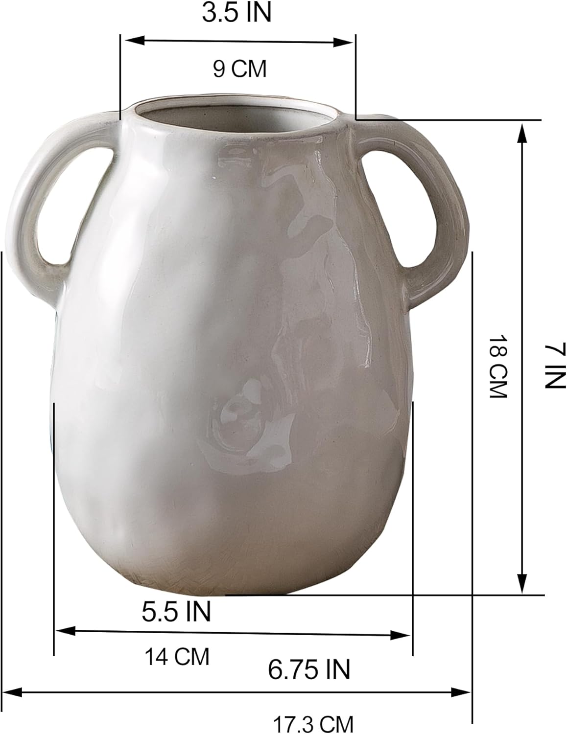 White Ceramic Vase with 2 Handles for Modern Farmhouse Home Decor, Vintage Rustic Decorative Vases, Small Vase for Fresh and Dried Flowers, Centerpiece Table Decorations, 7 Inch