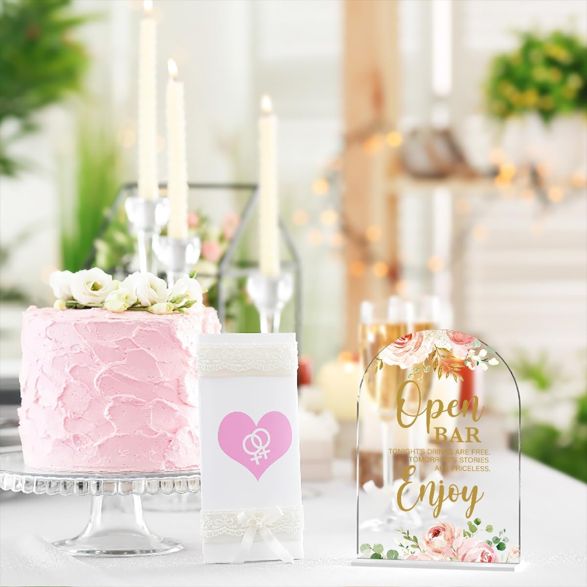 Acrylic Wedding Signs, Bridal Shower Decorations, Open Bar Signs for Reception, Modern Calligraphy Arch Acrylic Table Top Sign for Wedding Reception and Engagement Parties (Clear Pink Flowers)