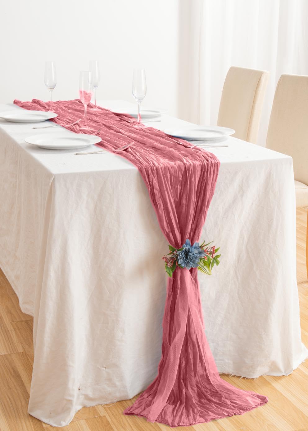 20 Pack Dusty Rose Cheesecloth Table Runner 17x108 Inch Boho Wrinkled Sheer Gauze Cheese Cloth Table Runner Bulk Romantic Decor for Wedding, Bridal Shower, Birthday Party