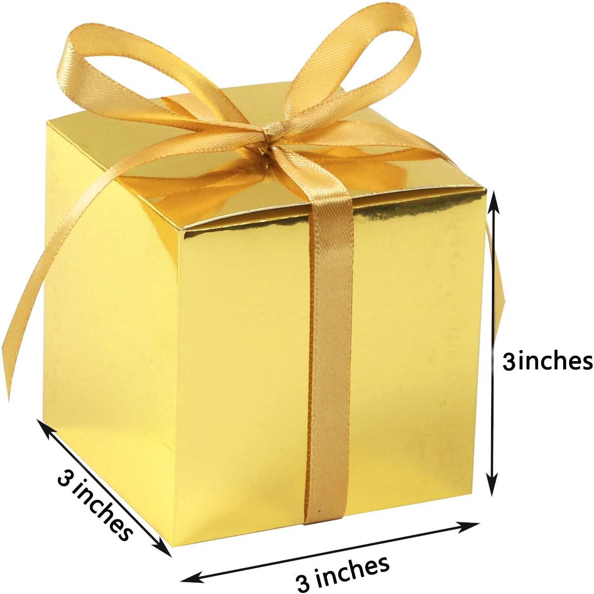 COTOPHER 100pcs Wedding Favor Boxes, Paper Gift Boxes 3x3x3 Inches Small Gift Boxes with Ribbons Small Boxes for Gifts, Crafting, Cupcake, Candy, Bridesmaid Proposal Boxes (Metallic Gold)