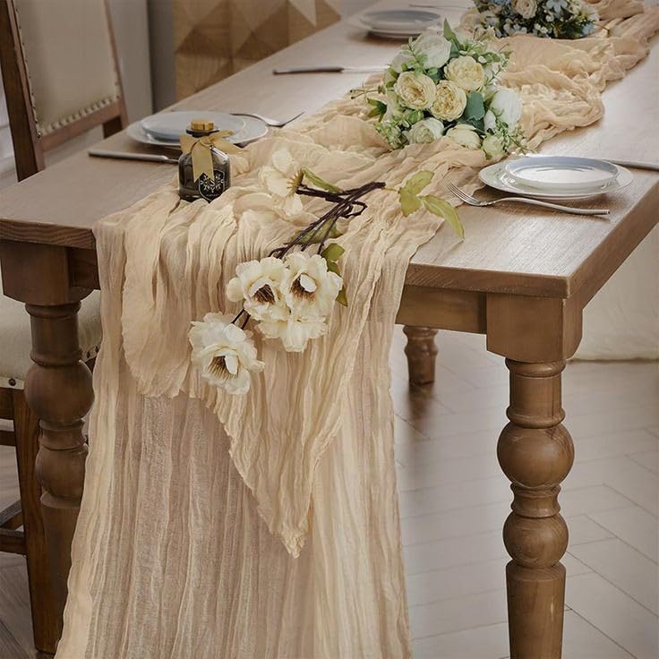 20 Pack Beige Cheesecloth Table Runner 17x108 Inch Boho Wrinkled Sheer Gauze Cheese Cloth Table Runner Bulk Decor for Wedding, Bridal Shower, Birthday Party