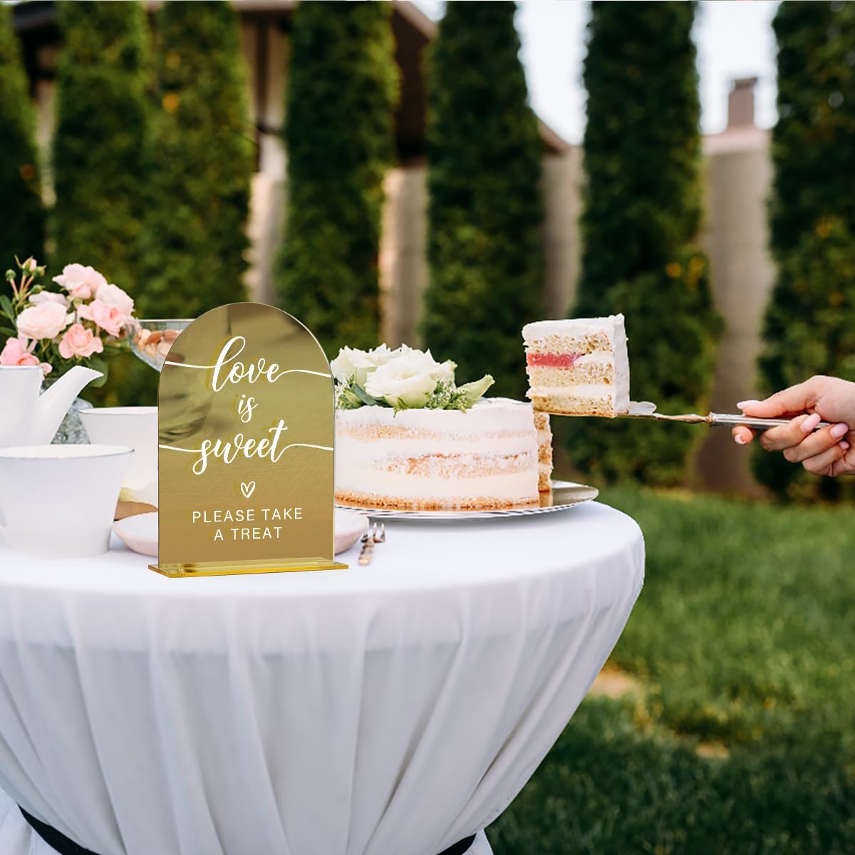 Acrylic Wedding Sign, Bridal Shower Decorations, Love is Sweet Sign for Ceremony, Modern Font Table Signs, Gold Mirror Arched Acrylic Tabletop Signs for Wedding Reception and Event Party