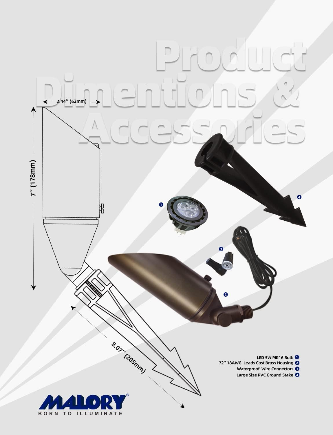 MALORY Brass Landscape Spotlight 10-Pack with 5W LED MR16 Bulb(S03), 12V AC/DC Low Voltage Outdoor Landscape Lighting Shroud Adjustable,Ground Stake and Wire Connector Included,2700K Warm White