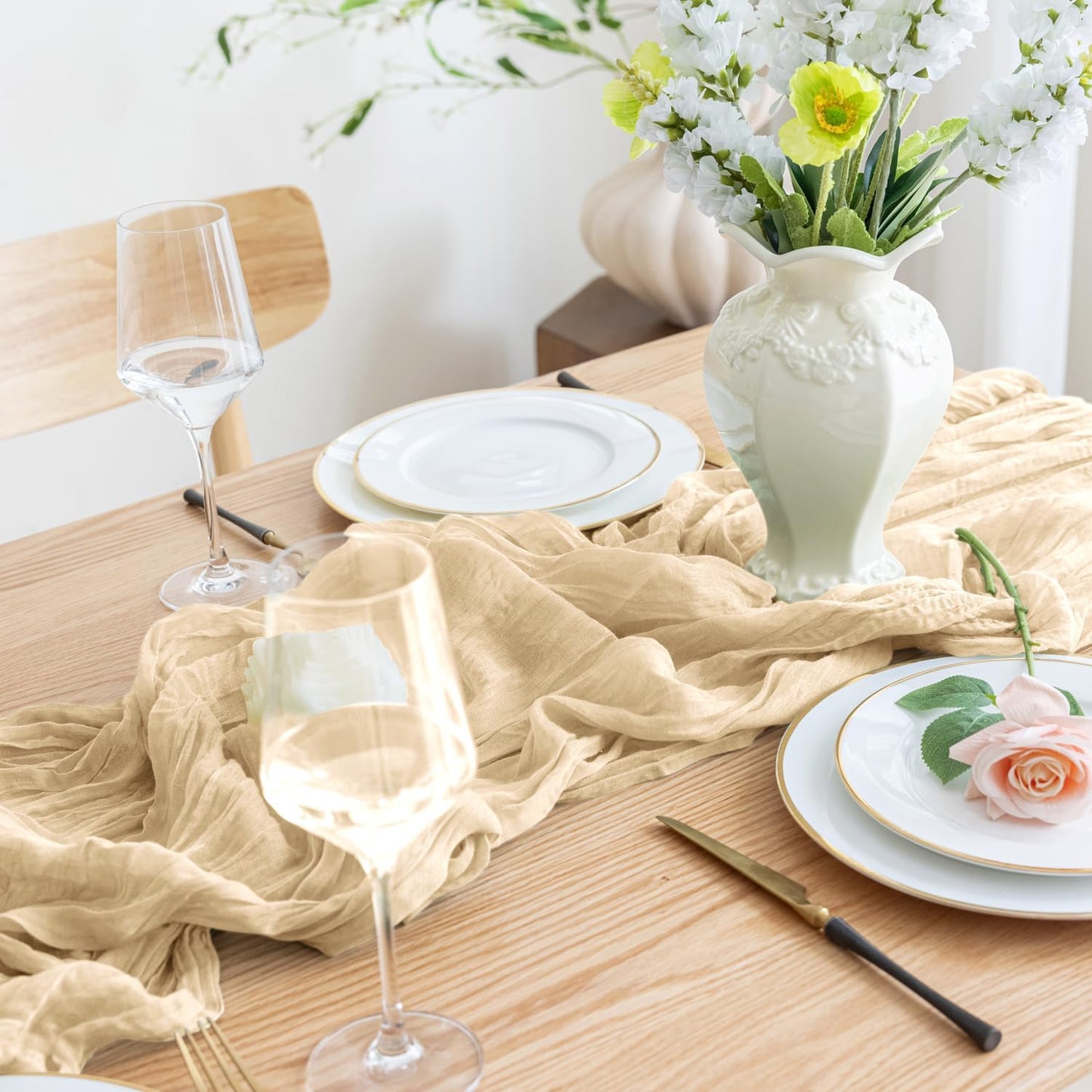 Asee'm Cheesecloth Table Runner 120 Inches Long Sand Boho Gauze Cheese Cloth Runner 10FT Rustic Sheer Fall Table Runners for Thanksgiving Wedding Party Baby Shower Decoration