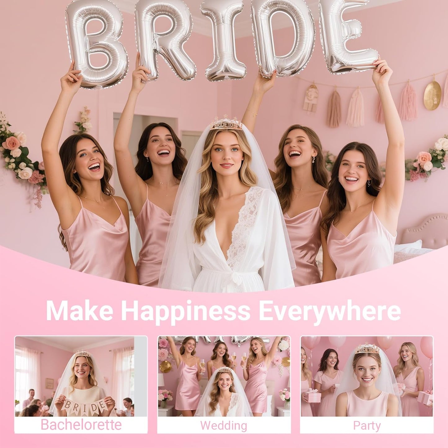 3Pcs Bride to Be Crown with Sash and Veil for Bachelorette Party Decorations,Bridal Shower Accessories for Gift, Favors