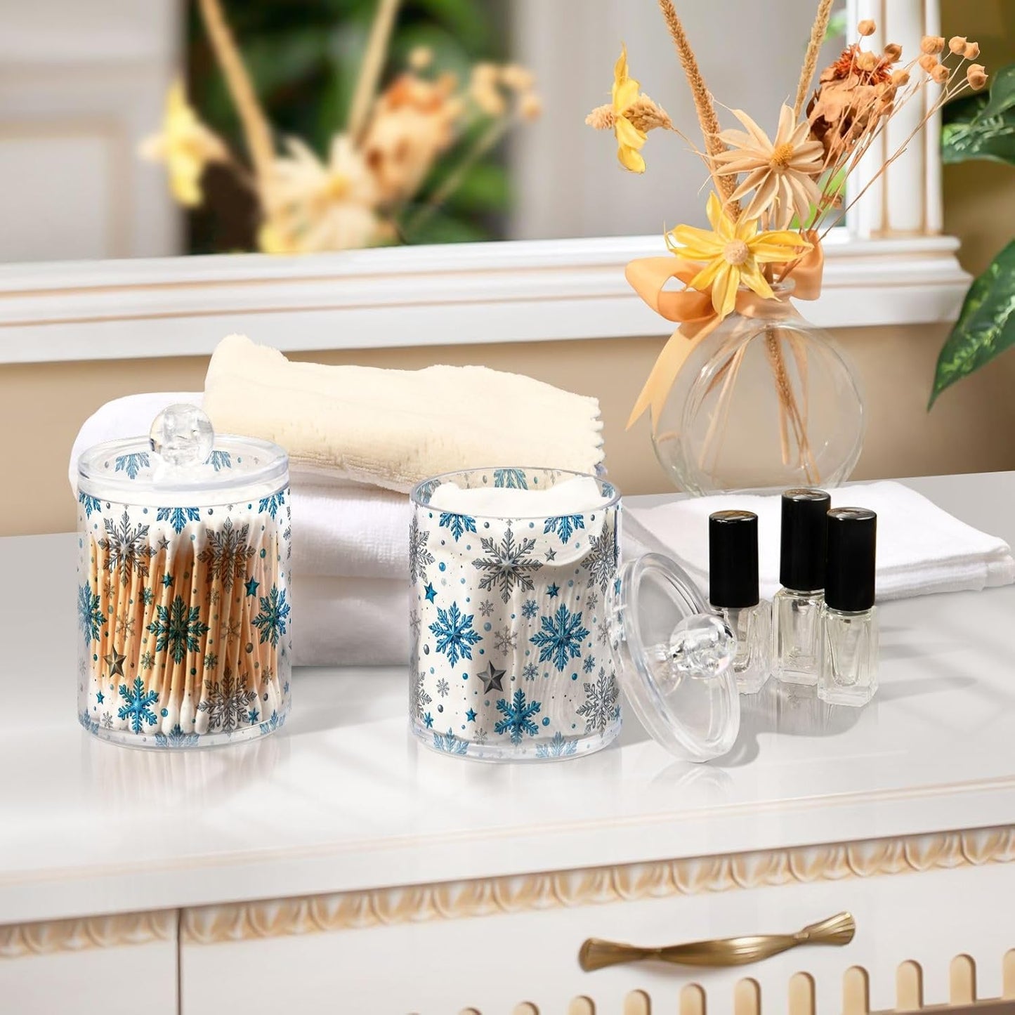 Gredecor Christmas Winter Qtip Holder Dispenser 4 Pack Silver Blue Glitter Snowflakes Apothecary Jars with Lids Bathroom Vanity Countertop Canister Storage Organizer for Cotton Ball,Swabs,Pads,Floss