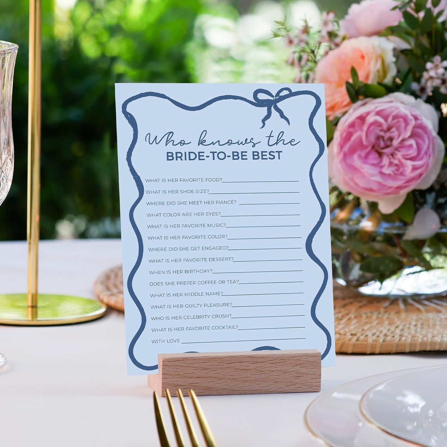 DEEKA 30 PCS Bridal Shower Games Card for 30 Guests Blue Wavy Border Ribbon Bow Funny Wedding Bachelorette Party Games for Reception (Who Knows The Bride-to-be Best)