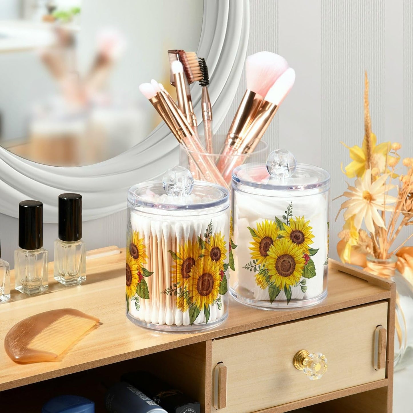 Gredecor Qtip Holder Dispenser 4 Pack Yellow Watercolor Sunflowers Apothecary Jars with Lids Bathroom Vanity Countertop Canister Storage Organizer for Cotton Ball,Swabs,Pads,Floss