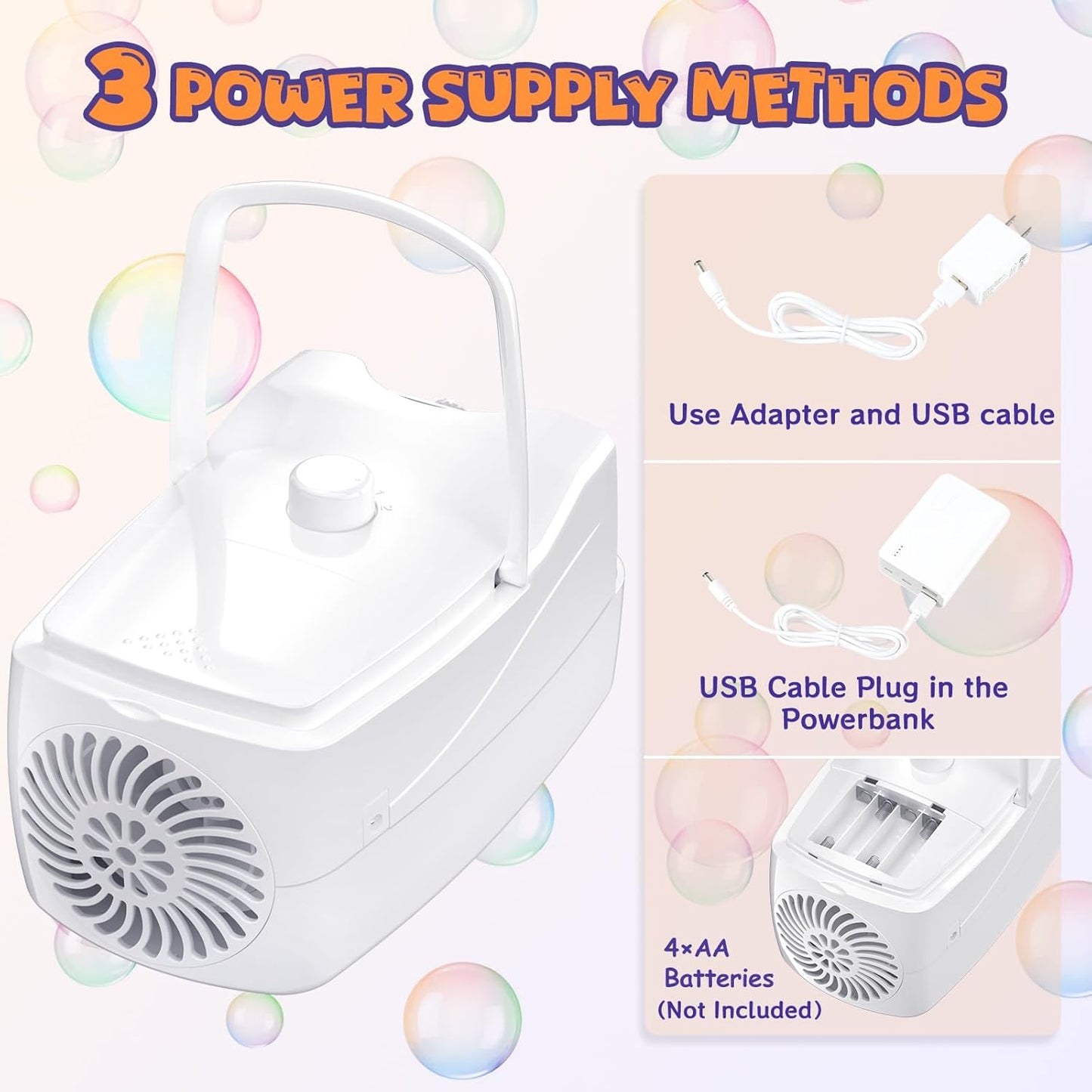 Bubble Machine, Automatic 18000+ Per Minute Big Bubbles Blower Maker for Kids Toddlers with 2 Speeds,6 Wands,Operated by Plugin or Batteries for Outdoor/Indoor Birthday Parties,Wedding (White)