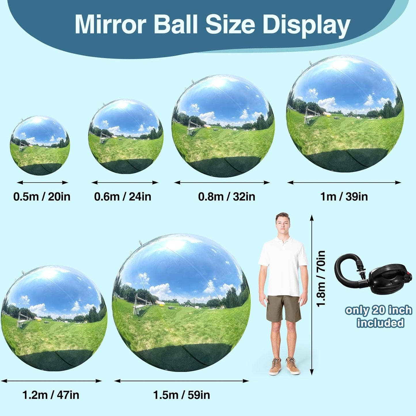 Inflatable Mirror Ball, Silver Big Shinny Balls Reusable Large PVC Disco Ball Balloon for Large Event Decoration, Party, Wedding Decor, Concerts, Stage (1 Pcs, 0.6m/23.6in Without Air Pump)