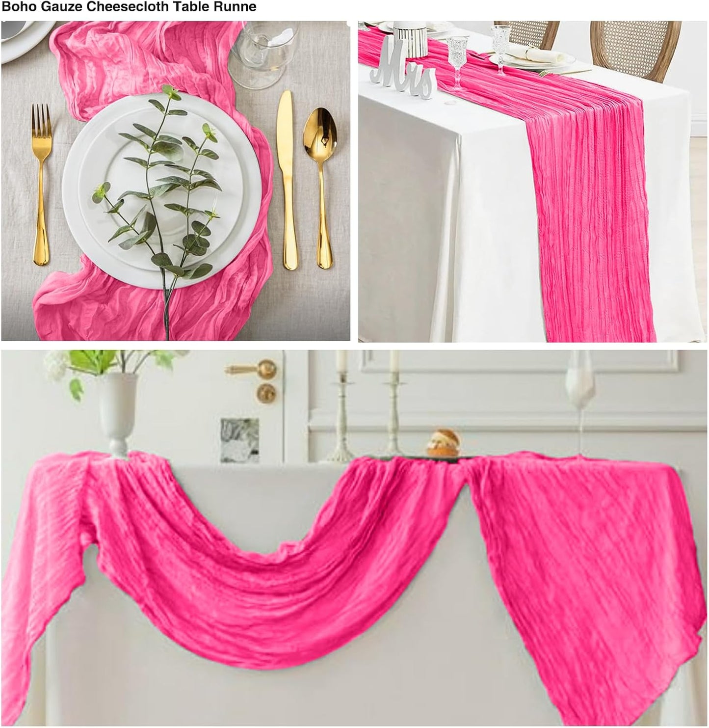 12 Pack Hot Pink 10 Ft Cheesecloth Table Runner 20x120 Inch Boho Wrinkled Sheer Romantic Gauze Decor for Wedding, Bridal Shower, Birthday Party