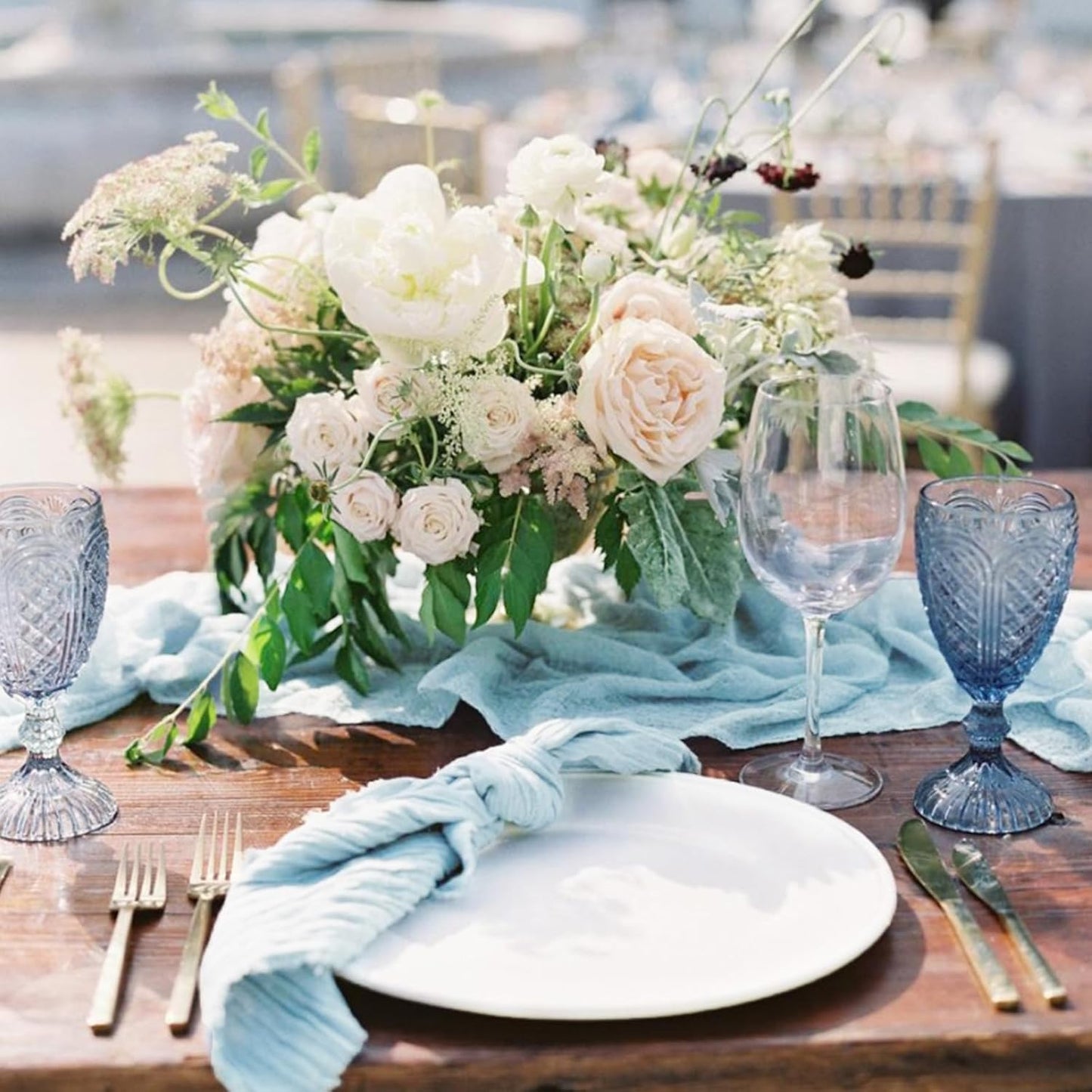 Hahuho Dusty Blue Cheesecloth Table Runner 10ft, Gauze Boho Rustic Table Runners for Wedding Birthday Party Baby Shower Decorations(6 Pack , 35x120 Inches)
