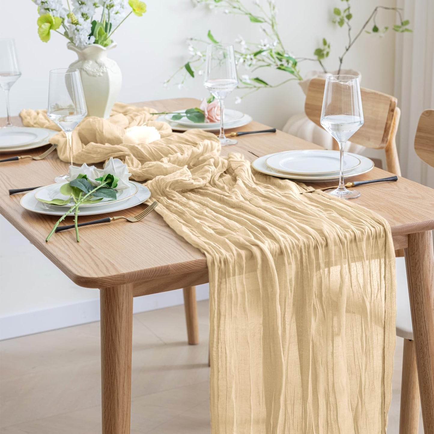 Asee'm 12pcs Cheesecloth Table Runner 120 Inches Long Sand Boho Gauze Cheese Cloth Runner 10FT Rustic Sheer Table Runners for Christmas Wedding Party Baby Shower Spring Easter Decoration