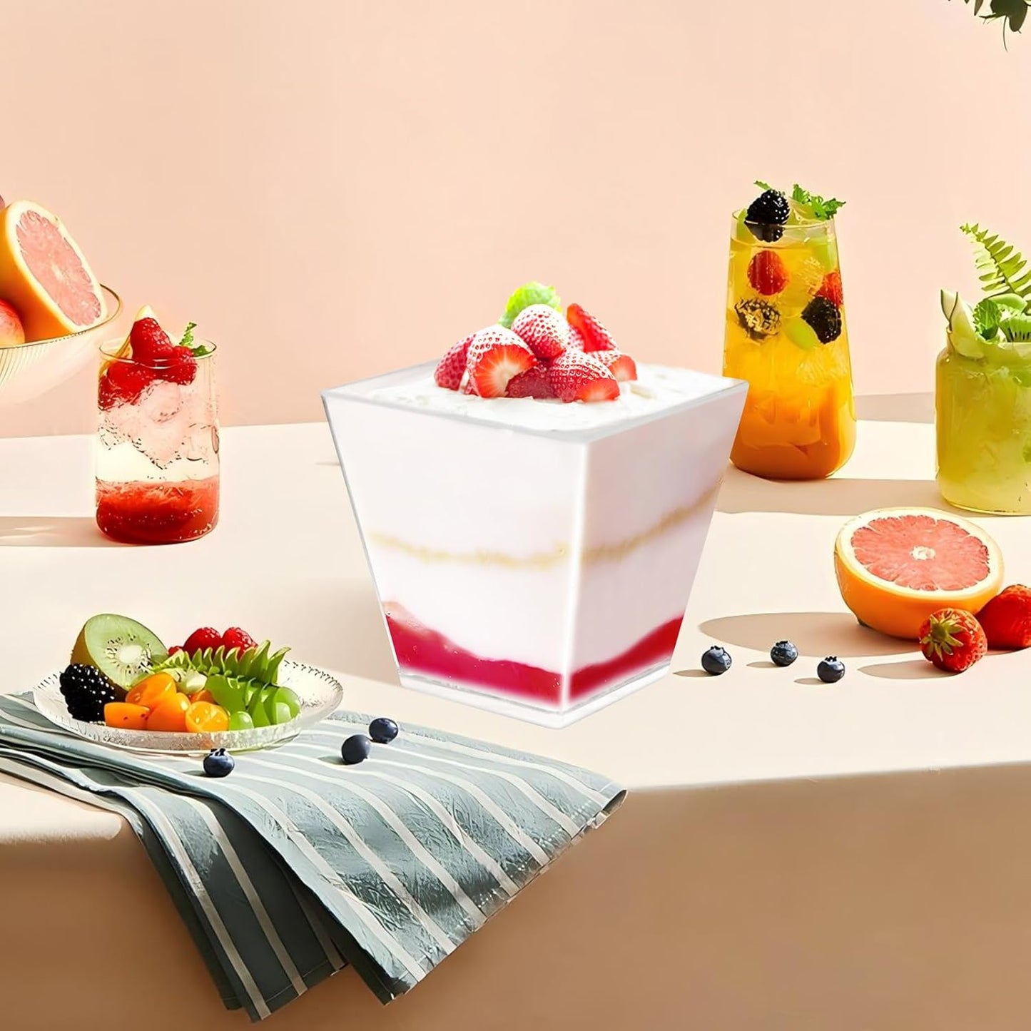 50 Pack 3.5 oz Clear Plastic Square Dessert Cups with Spoons,Mini Disposable Parfait Cups for Yogurt, Ice Cream and Tasting,Serving Cups for Appetizer,Pudding,Party (3.5 oz)