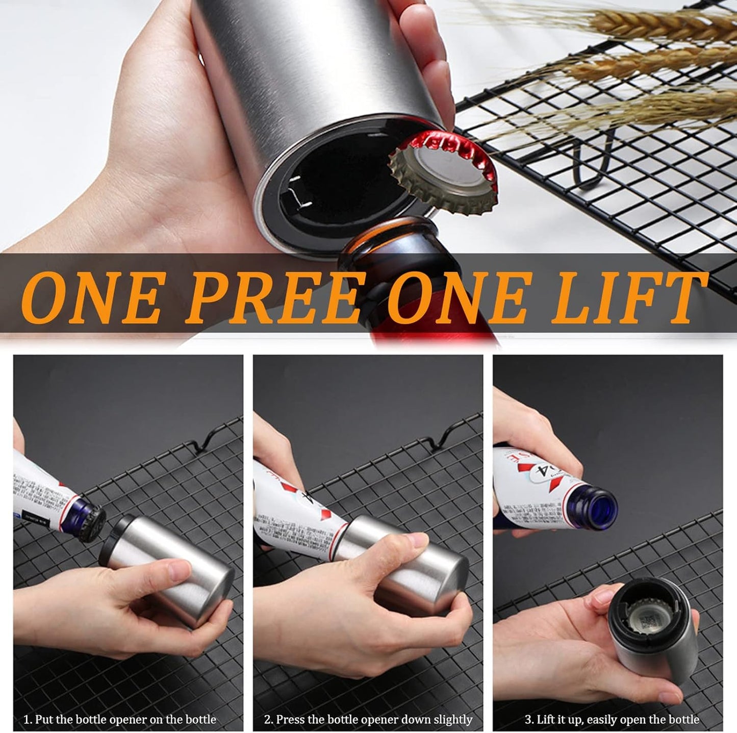 3 Pieces Automatic Magnetic Beer Bottle Opener(Stainless Steel), Portable Pop the Top Wine Bottle Cap Catcher, Quick Open, No Damage Push Down Bartender Tools for Bar, Home, Kitchen, Party, Restaurant