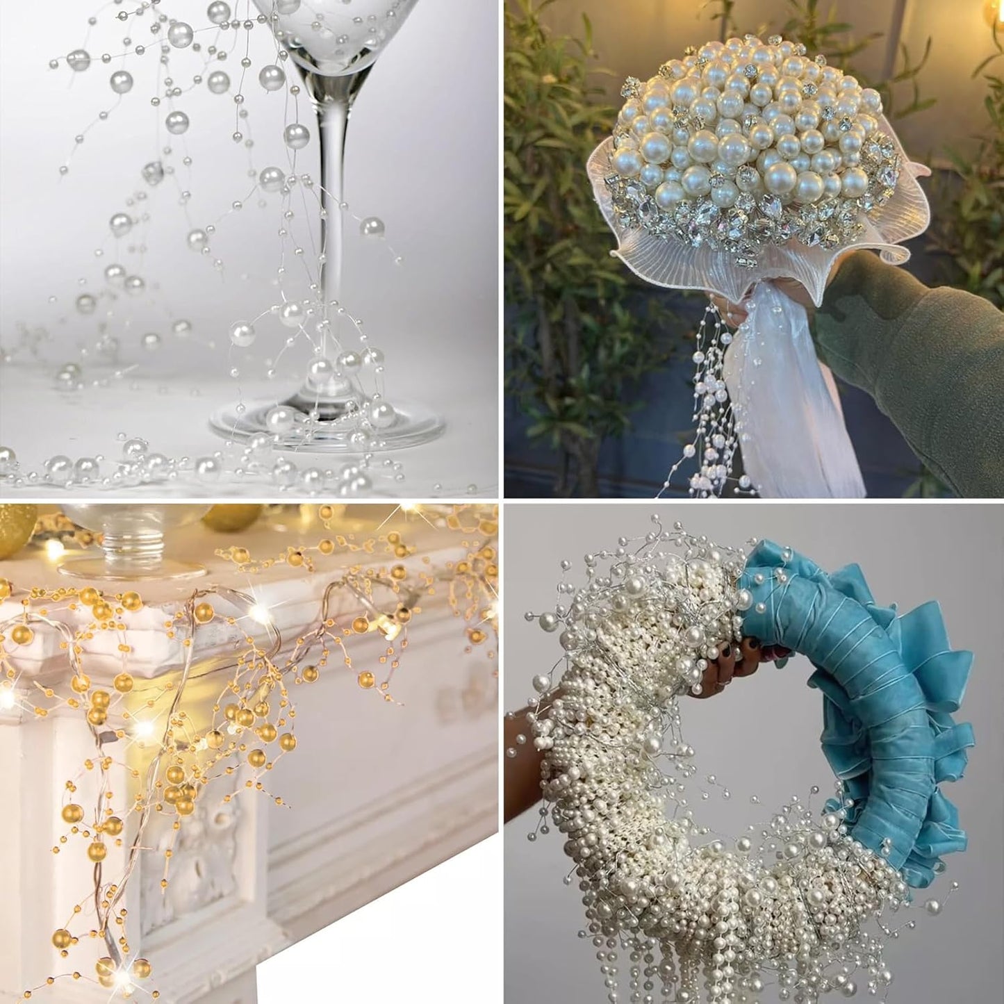 98FT Pearl Beads String Garland, 8mm 3mm White Faux Pearl Beads Roll Strand Bulk for Wedding Party Flower Christmas Decoration DIY Craft