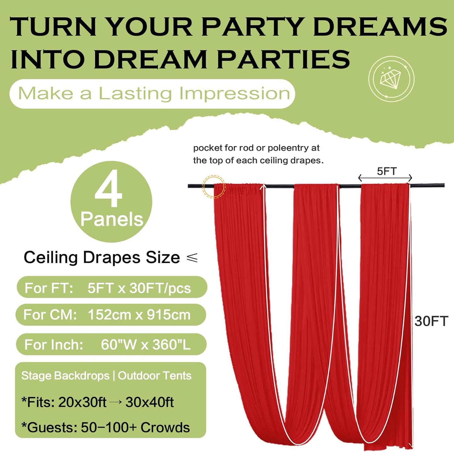 PartyVillage 4 Panels 5ftx30ft Red Ceiling Drapes for Wedding Parties – 30 FT Extra Long Thick Polyester Wrinkle-Free Drapery Tent Decor Decorations for Birthday Party Ceremony Stage Swag