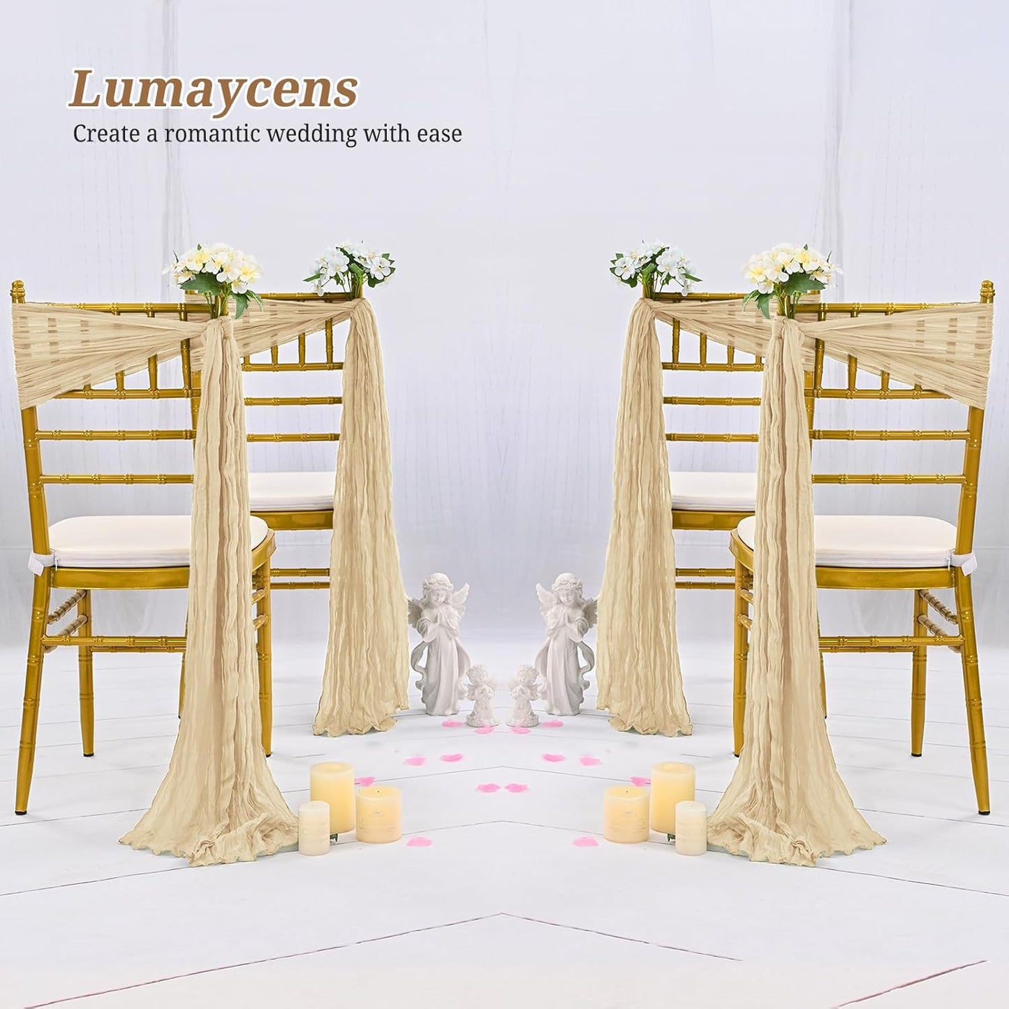 50 PCS Cheesecloth Chair Sashes Bows Wedding Aisle Decorations Chair Ribbon Ties Back Sash for Wedding Party Events Banquet Chair Cover Decoration (Beige)