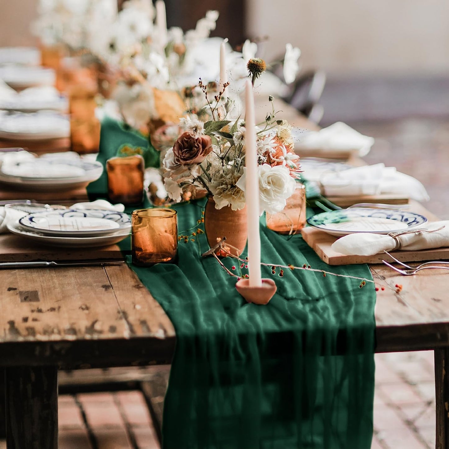 Hahuho Emerald Green Cheesecloth Table Runner 10ft, Gauze Boho Rustic Table Runners for Wedding Birthday Party Baby Shower Decorations(6 Pack , 35x120 Inches)