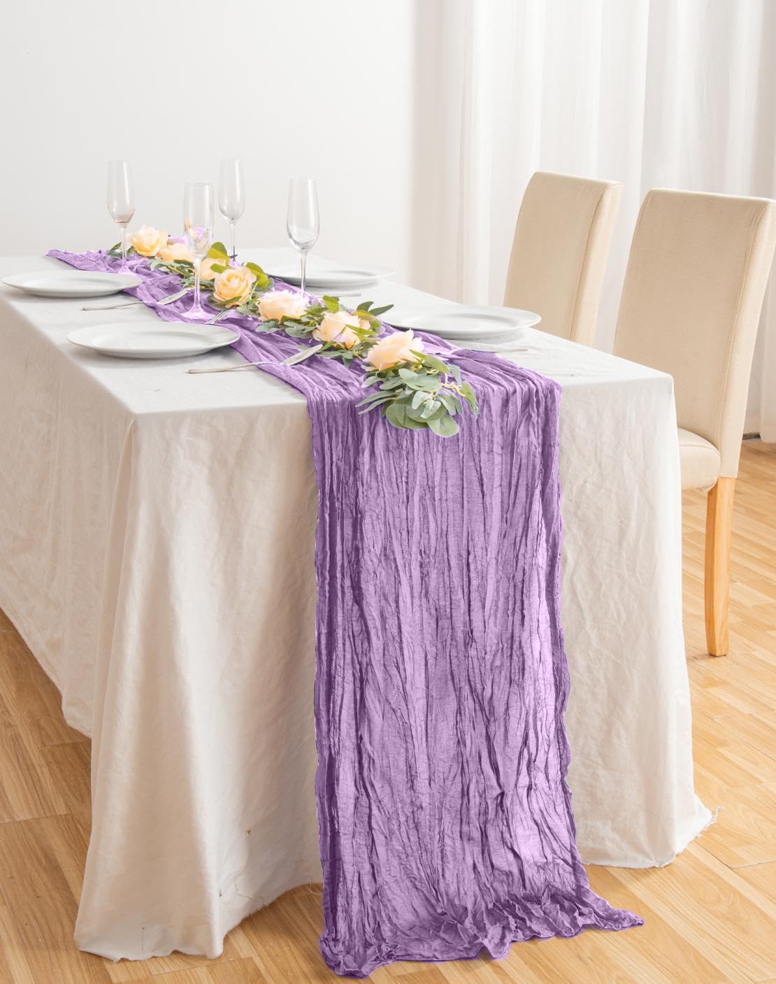 12 Pack Lavender 10 Ft Cheesecloth Table Runner 20x120 Inch Boho Wrinkled Sheer Romantic Gauze Decor for Wedding, Bridal Shower, Birthday Party
