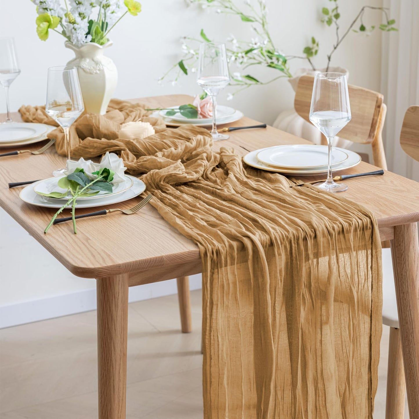 Asee'm 3pcs Cheesecloth Table Runner 120 Inches Long Khaki Boho Gauze Cheese Cloth Runner 10FT Rustic Sheer Table Runners for Christmas Wedding Party Baby Shower Spring Easter Decoration