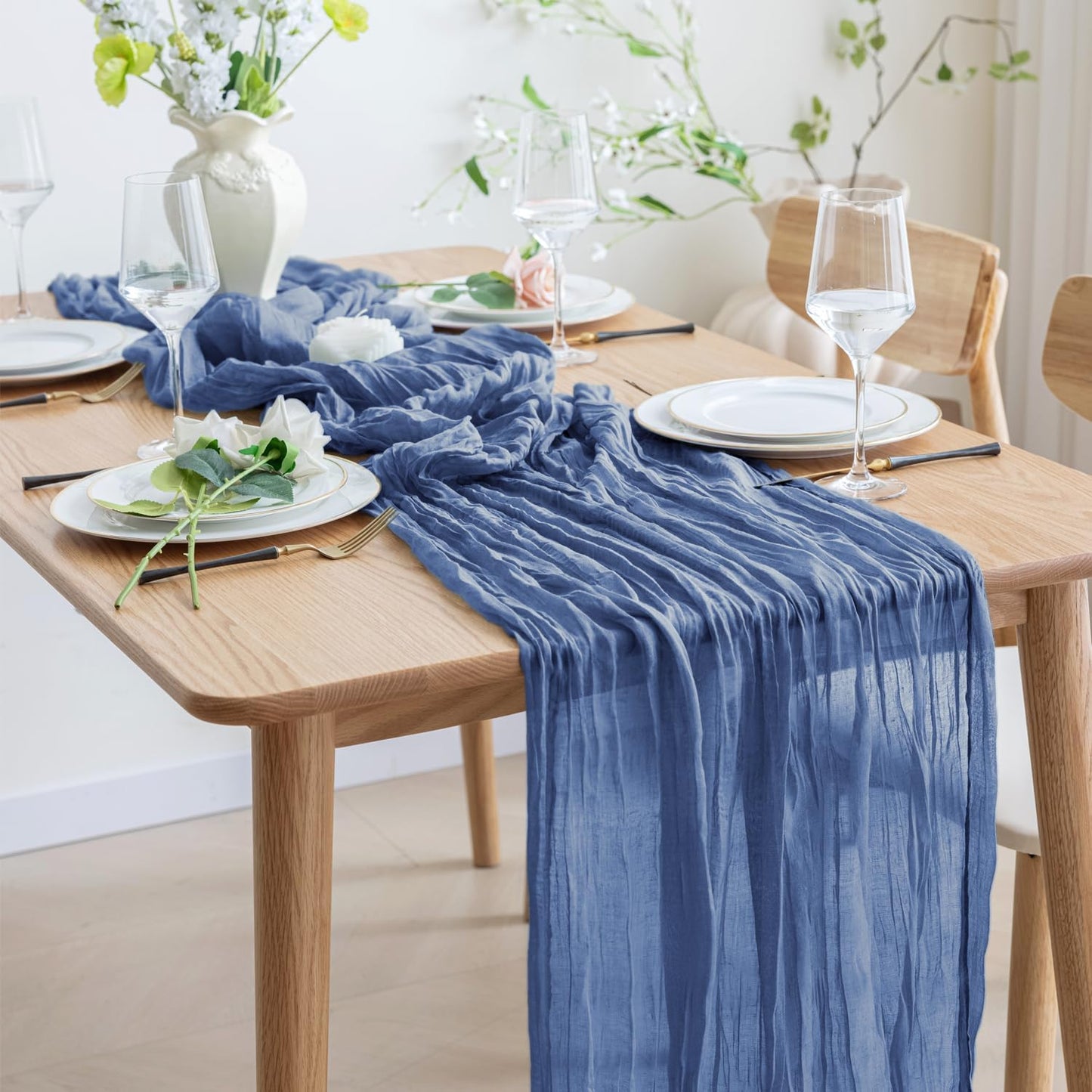 Asee'm 2pcs Cheesecloth Table Runner 120 Inches Long Blue Boho Gauze Cheese Cloth Runner 10FT Rustic Sheer Table Runners for Christmas Wedding Party Baby Shower Spring Easter Decoration