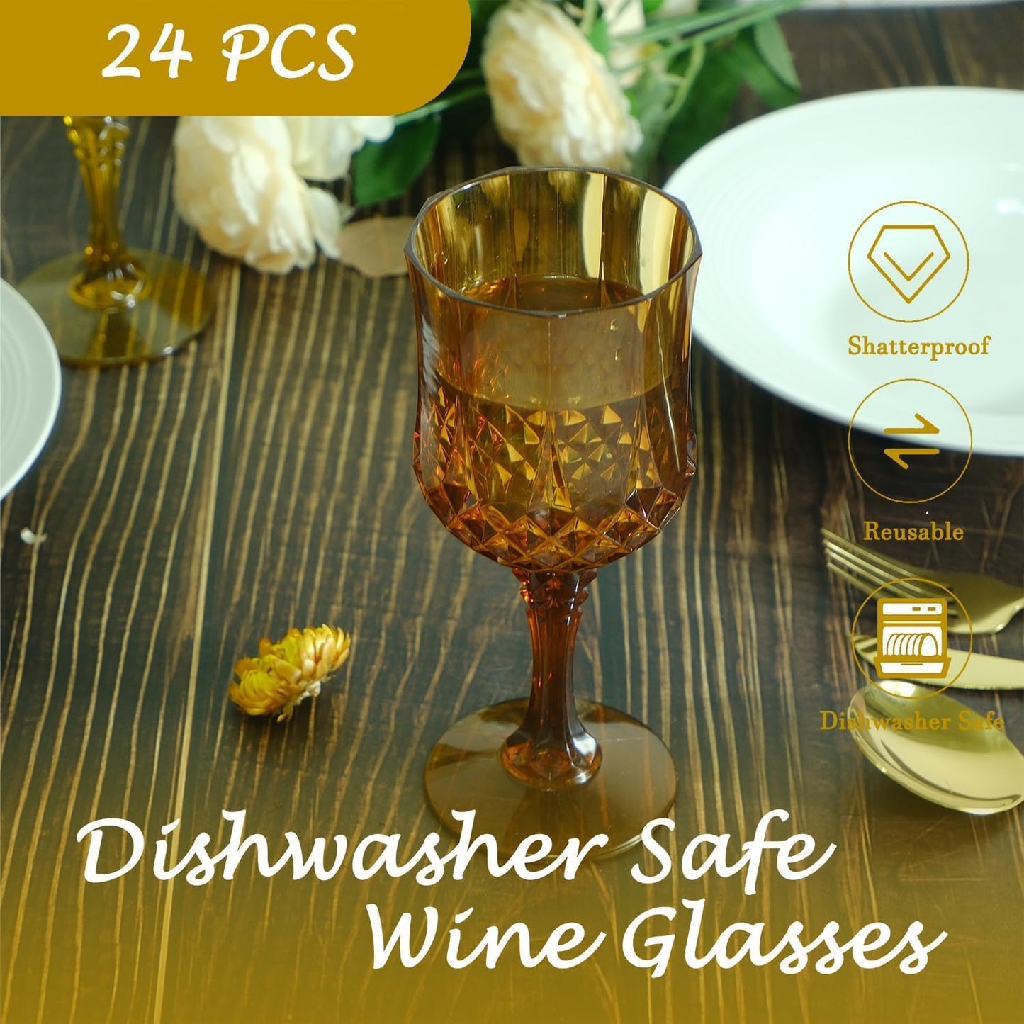 Plastic Wine Glasses,100PCS Amber Plastic Goblets Vintage Style Cordial Drinking Glasses for Wedding Reception, Grand Event Party Supplies (100, Amber)