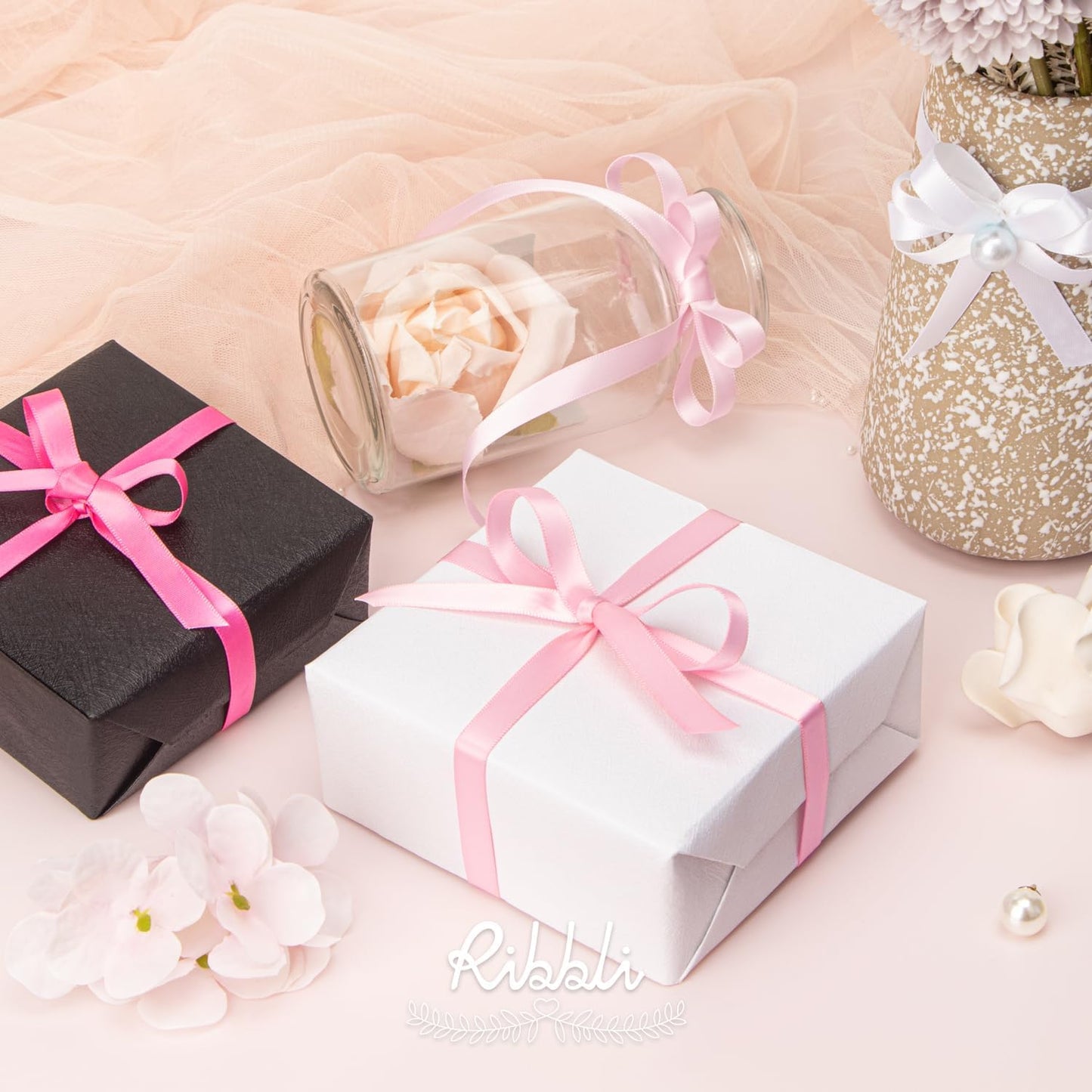 Ribbli Double Faced Light Pink Satin Ribbon,3/8” x Continuous 25 Yards,Use for Bows Bouquet,Gift Wrapping,Floral Arrangement