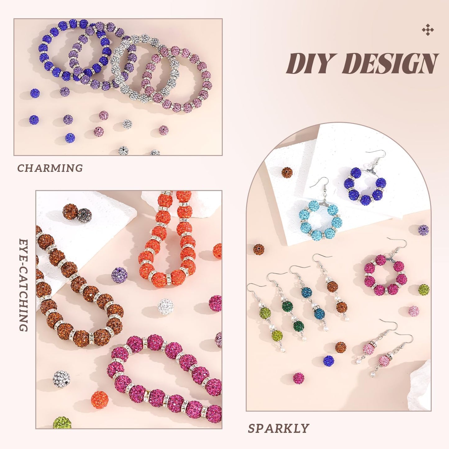 105pcs 10mm Rhinestone Beads for Jewelry Making, White Mixed Shiny Round Disco Ball Beads Bulk, Sparkle Crystal Clay Christmas for Bracelet Baseball Necklace Earring Crafting and DIY