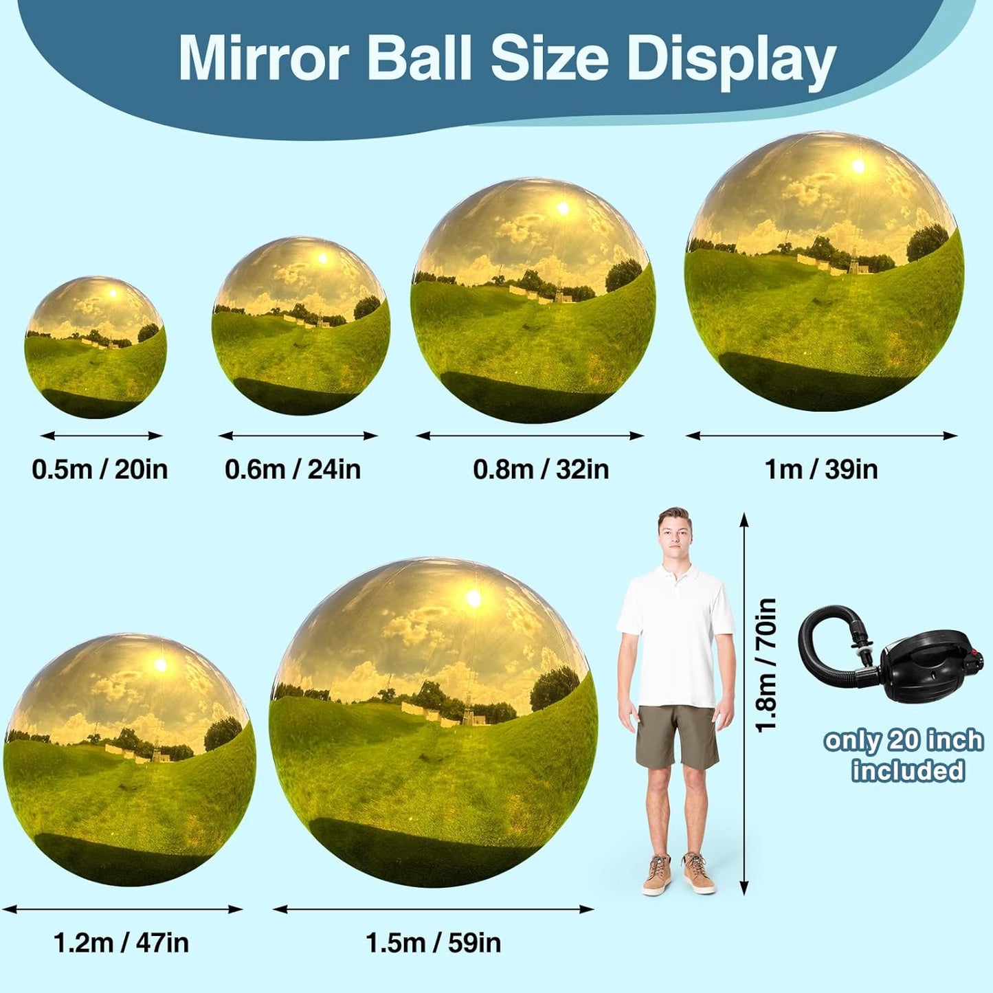 Inflatable Mirror Ball, Gold Big Shinny Balls Reusable Large PVC Disco Ball Balloon for Large Event Decoration, Party, Wedding Decor, Concerts, Stage (1 Pcs, 1m/39.4in Without Air Pump)