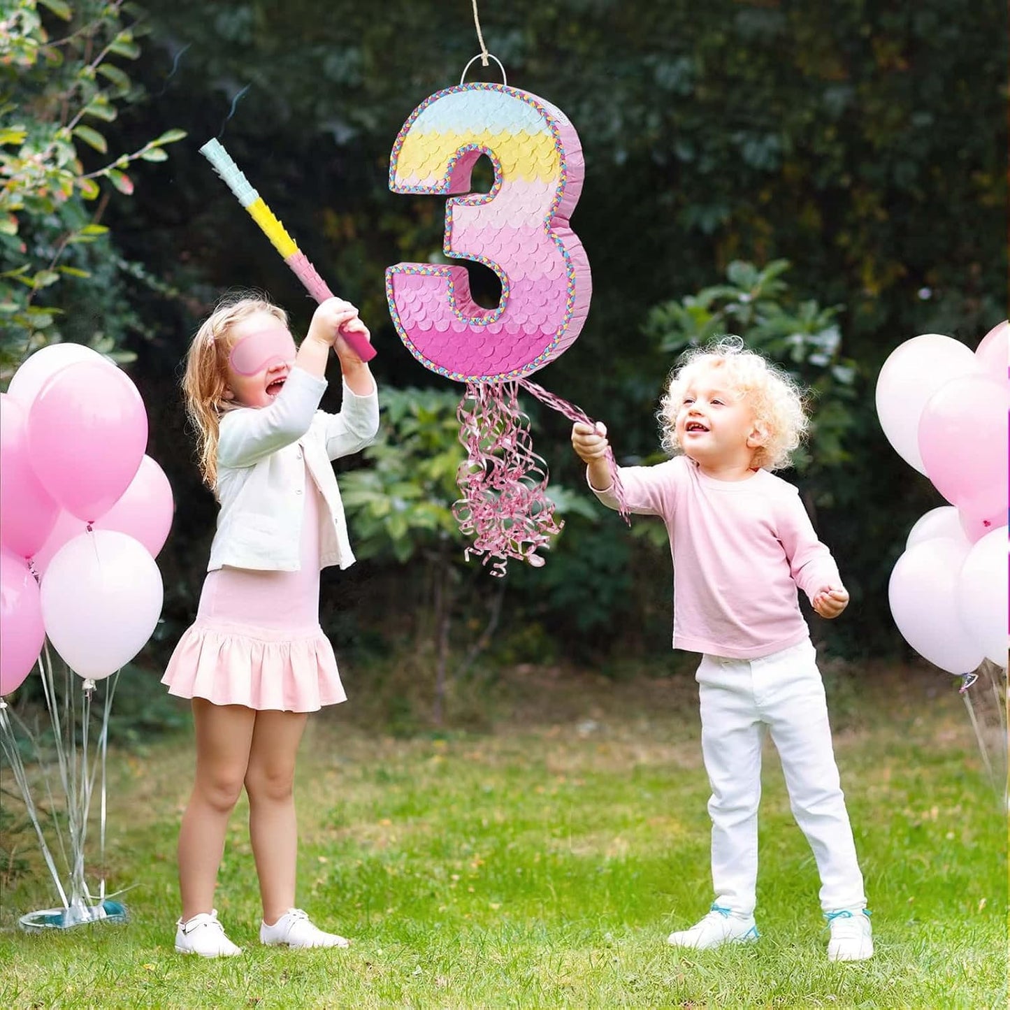WERNNSAI Pink Sweet Three Pinata - Number 3 Pinata Happy Birthday Decoration Pink Rainbow Design Party Games for Girl Princess Baby Shower Party Favor with Blindfold Anniversary Celebration Supplies