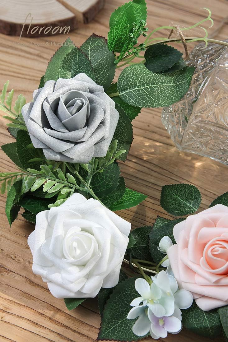 Floroom Artificial Flowers 50pcs Realistic White Foam Fake Roses with Stems for DIY Wedding Bouquets Baby Shower Centerpieces Floral Arrangements Party Tables Home Decorations