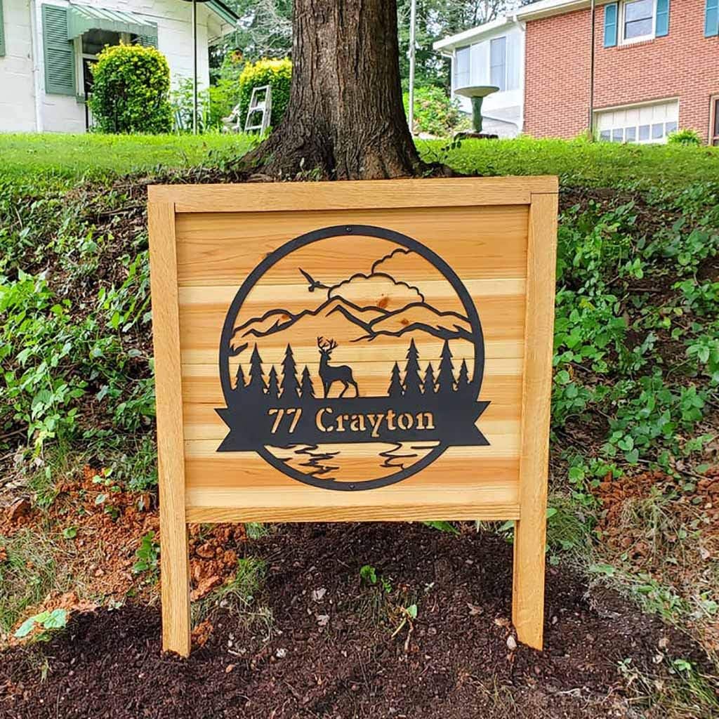 RealSteel Personalized Metal Wall Art - Circular Nature Scene with Mountains, Lake, Deer & Bird - Custom Name on Banner - Outdoor Landscape Decor for Home & Gifts - Gold, 36"