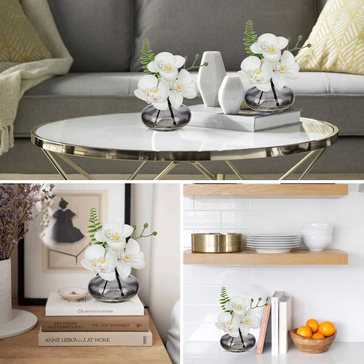 White Orchids Artificial Flowers Faux Orchids Arrangement in Black Glass Vases Set of 3 Real Touch Phalaenopsis Orchid Flowers Small Fake Orchid Centerpiece for Dining Room Table