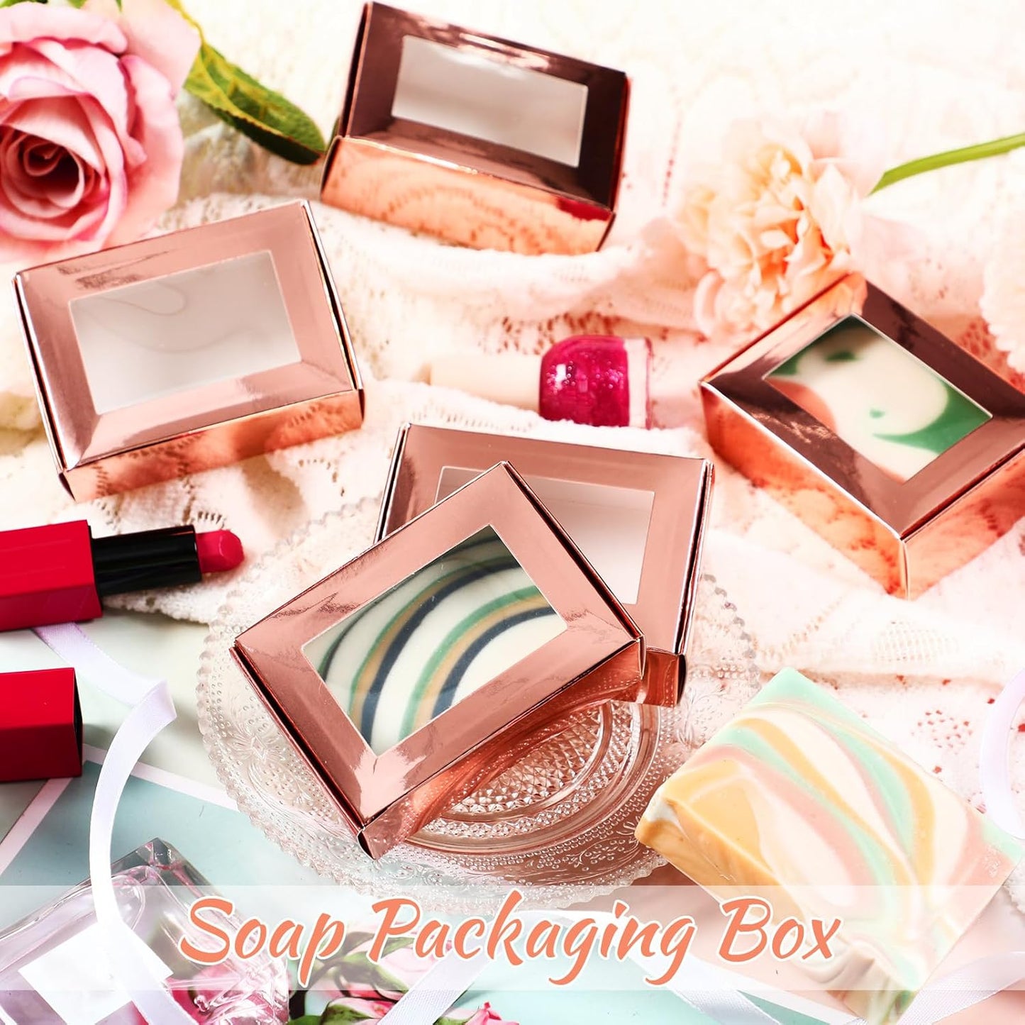 Zonon 30 Pcs Soap Boxes for Homemade Packaging, Mini Kraft Treat Boxes with Window for Bakery Candy Soap Making Gift Packaging(3.5 x 2.4 x 1.2 Inch,Rose Gold)