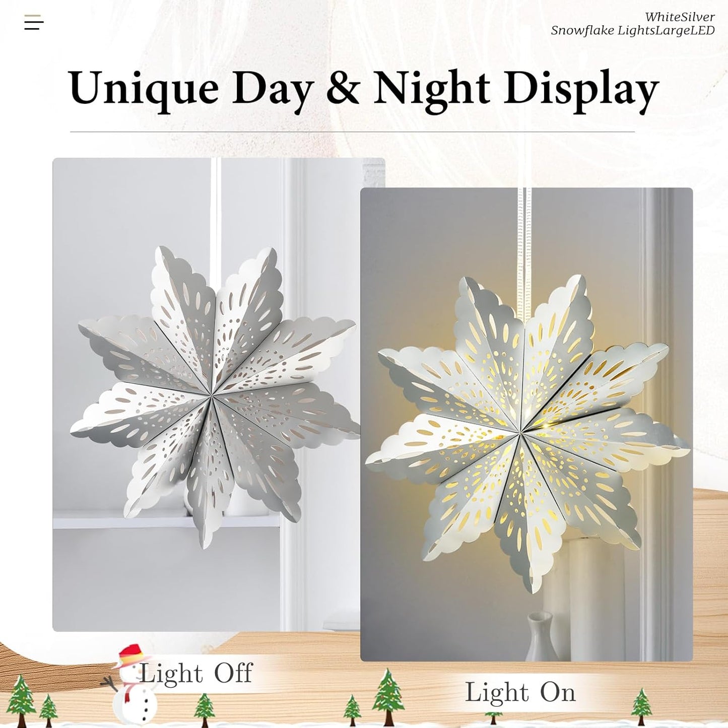 5 Pcs Christmas Paper Snowflake Lanterns, Large 3D Christmas Paper Star Lanterns with LED Lights, White Silver Hanging Snowflake Lamps for Xmas Winter Frozen Weddings Holiday Party Decorations