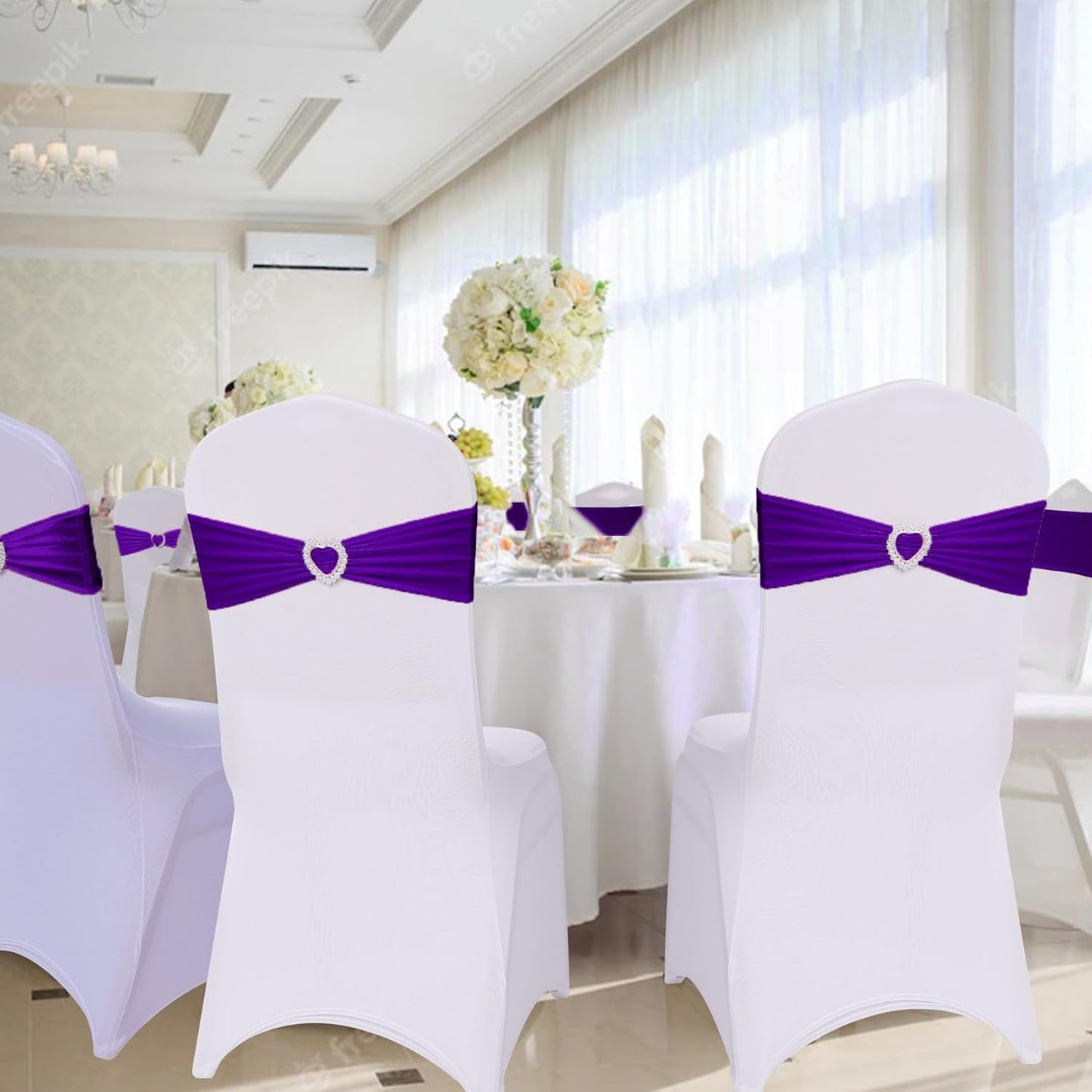 Howhic Pack of 30 Spandex Chair Sashes Bows Stretch Chair Cover Band with Buckle Slider Universal Elastic Chair Ties for Wedding Banquet Party Event Decoration (Purple)