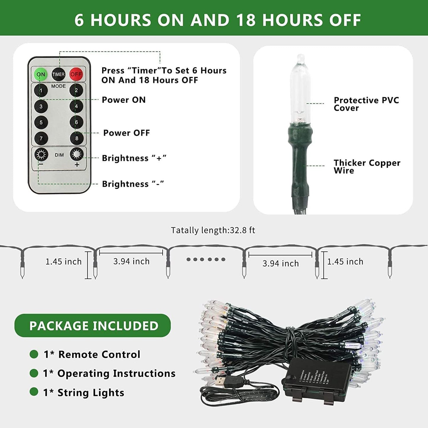 Tcamp 33ft 100LED Battery Operated Christmas Lights Outdoor Indoor, Battery Christmas Tree Lights with Remote Timer, 8 Modes Battery String Lights for Xmas Tree Wreath Bedroom Decor (Warm White)