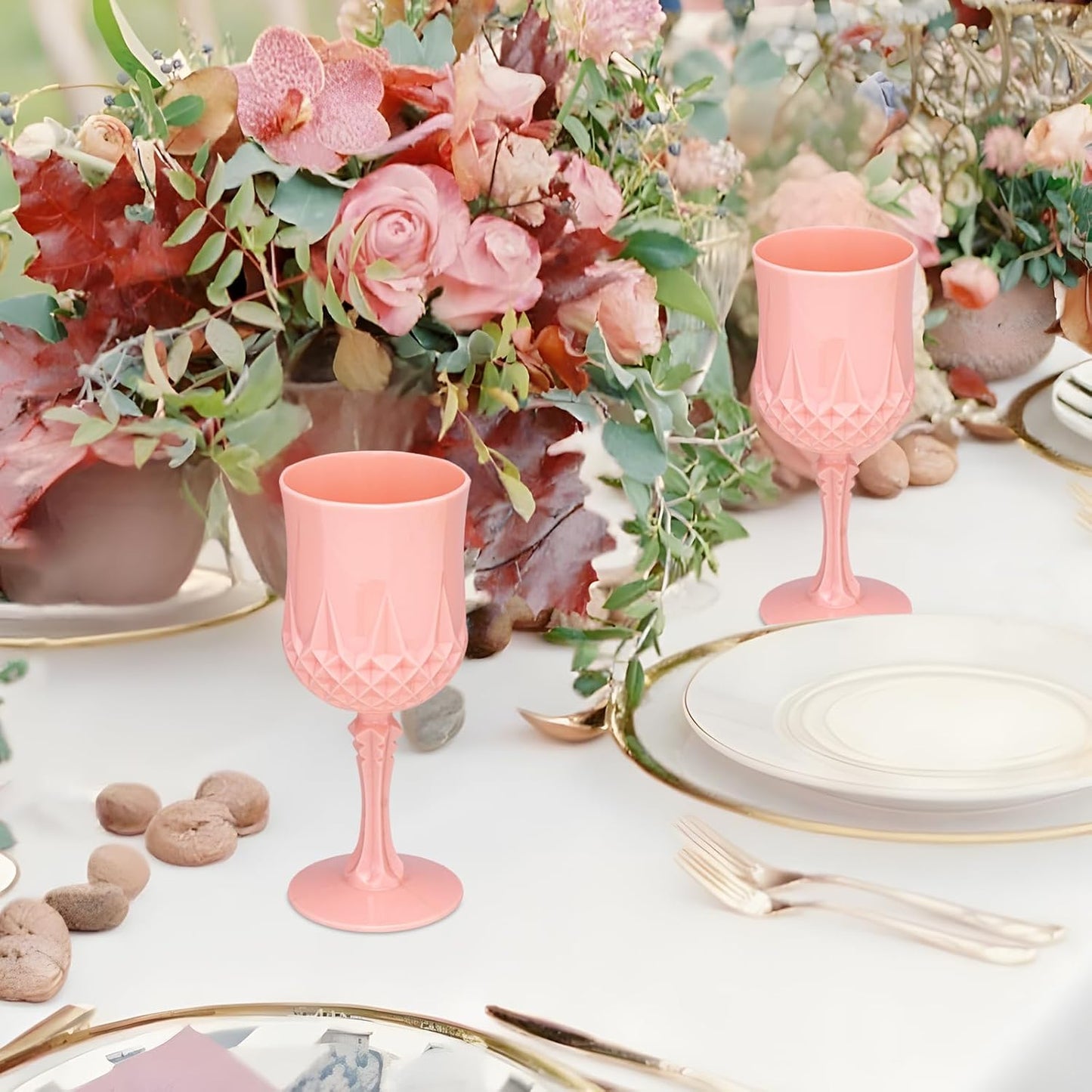Plastic Vintage Wine Glasses 7OZ Plastic Goblets Vintage Drinking Glasses 48PCS Retro Wedding Glassware Water Goblets Reusable Drinking Cups for Party,Reception,Celebration,Bar,Whiskey(Light Pink)