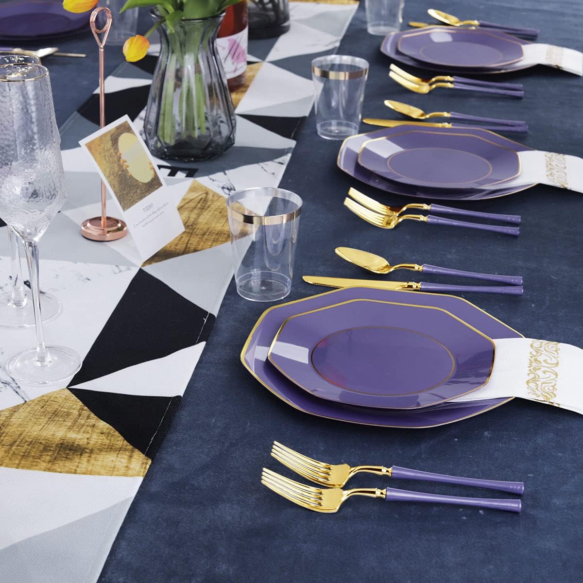 KIRE 140Pcs Purple Plastic Plates with Gold Rim& Gold Disposable Plastic Silverware with Handle&Clear Cups&Hand Napkin- Geometric Purple Plastic Plates for Parties & Mardi Gras plates