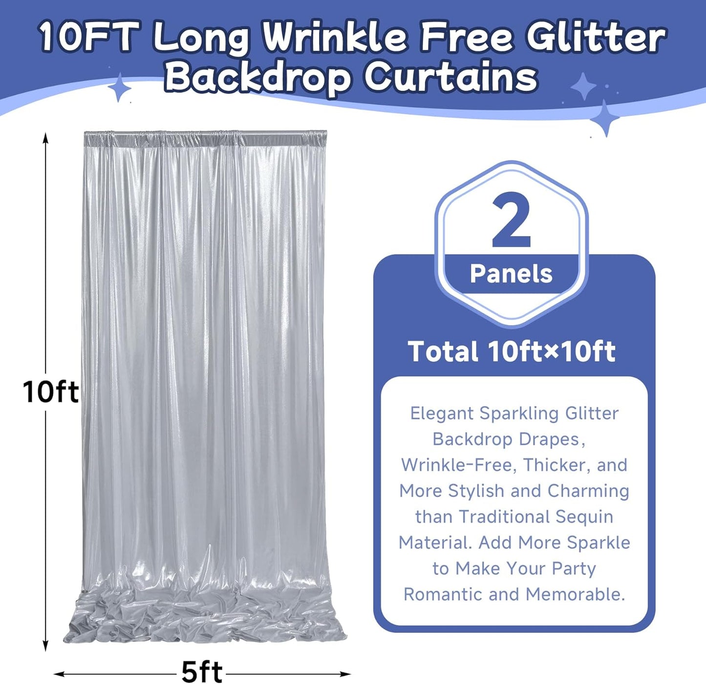leegleri 10x10ft Thick Silver Glitter Backdrop Curtain Panels for Parties, Wrinkle Free Sequin Sparking Photo Backdrop Drapes, 2 Panels 5x10ft Shimmer Back Drop Cloth for Wedding Birthday Photography