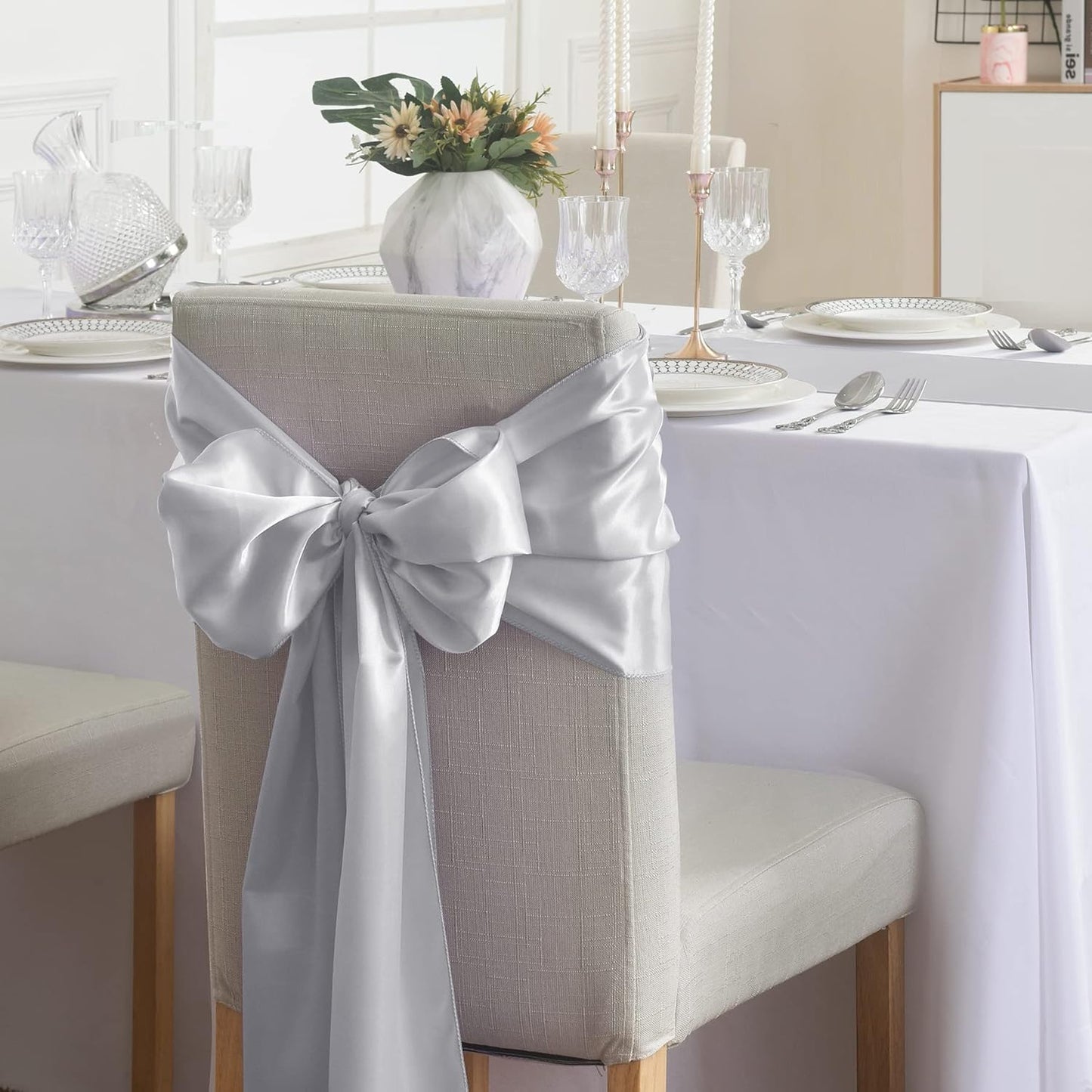 24Pack Table Runner 12 x 108 Inches Satin Silk Table Runner for Wedding, Birthday Party, Banquets, Graduations Decoration, fit Rectange and Round Table-Silver