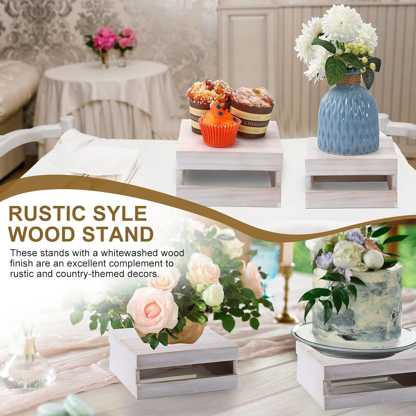 Sieral 4 Pieces Wood Cupcake Display Stand Decorative Dessert Appetizer Cake Stand Risers Wooden Crate Rustic Cake Risers for Storage for Party Christmas Halloween Wedding Decor(Vintage White)