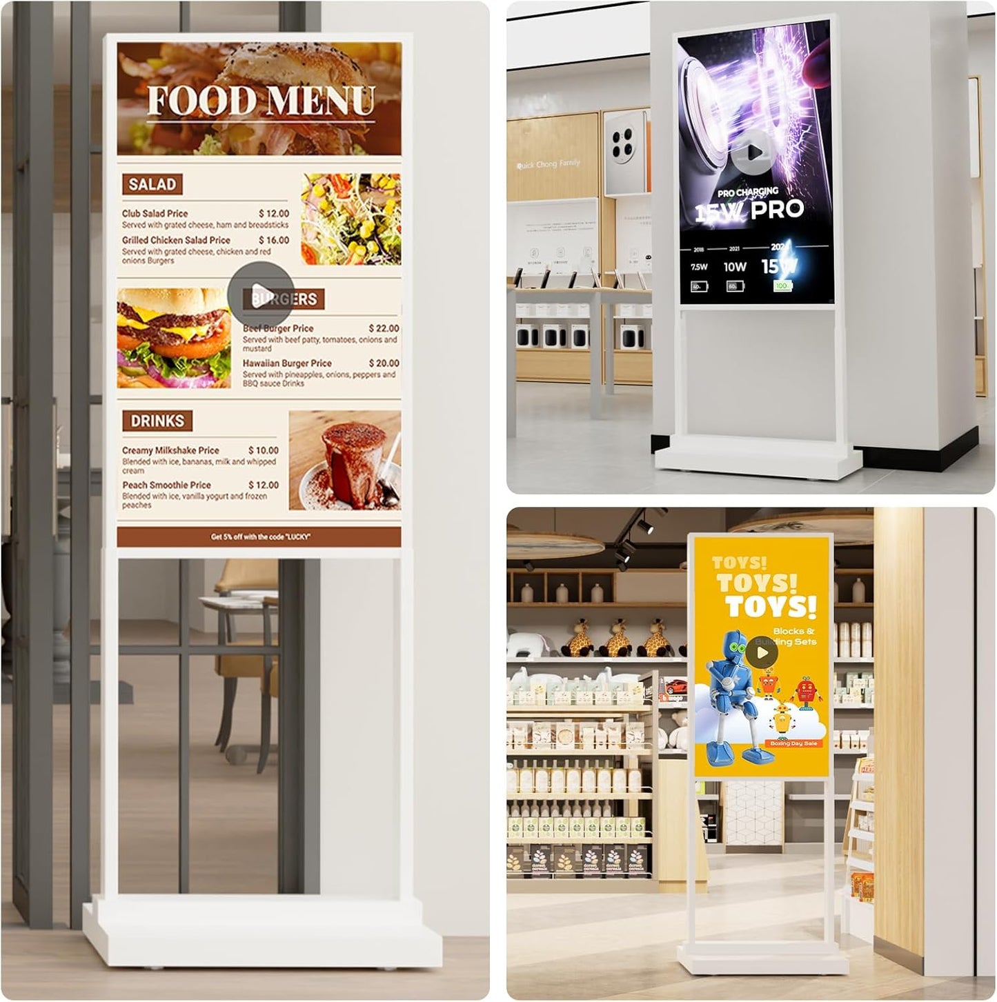50 Inch Digital Signage Kiosk LCD Advertising Display Menu Displays Indoor Android Floor Standing Vertical Poster White, 2+32GB, 2K FHD, 700nits, USB