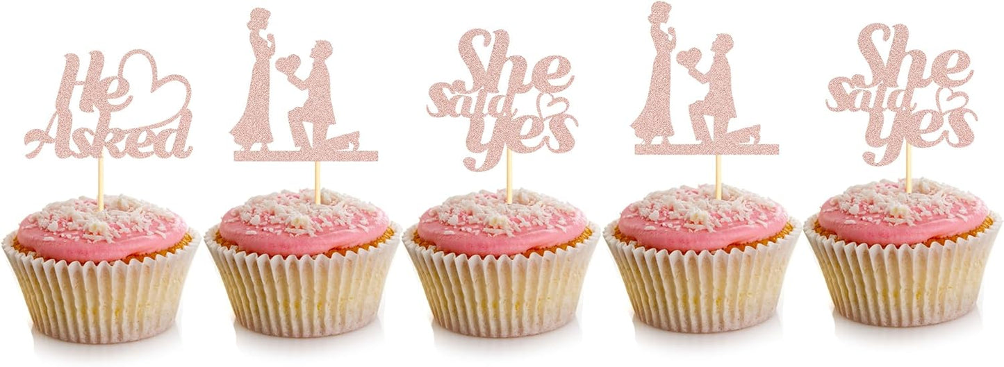 Sotpot 24PCS He Asked She Said Yes Cupcake Toppers With Heart Rose Gold Glitter for Wedding Bridal Shower,Wedding Engagement Party Cake Decorations