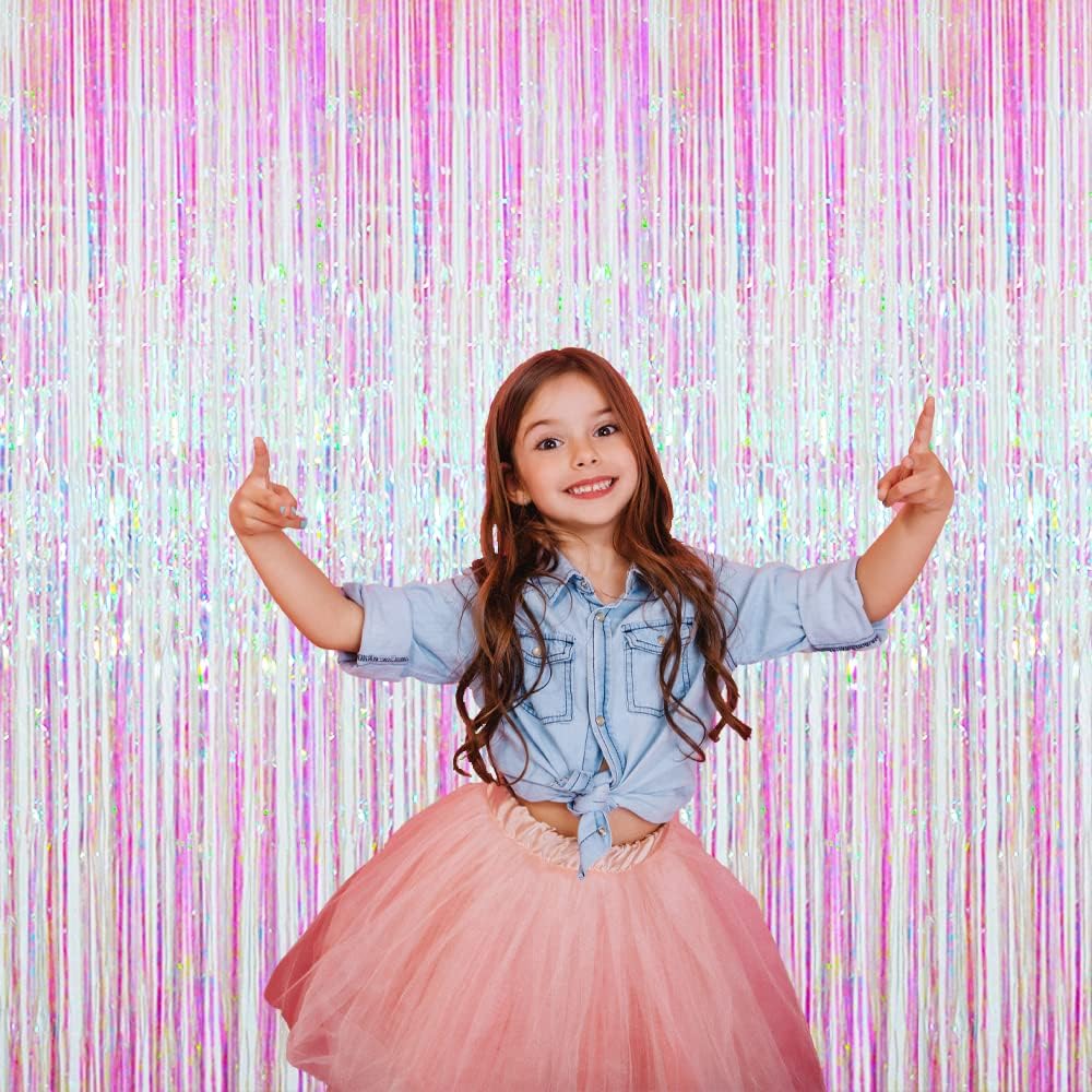 GOER 3.2 ft x 9.8 ft Metallic Tinsel Foil Fringe Curtains Party Photo Backdrop Party Streamers for Birthday,Graduation,New Year Eve Decorations Wedding Decor (Iridescent,5 pcs)